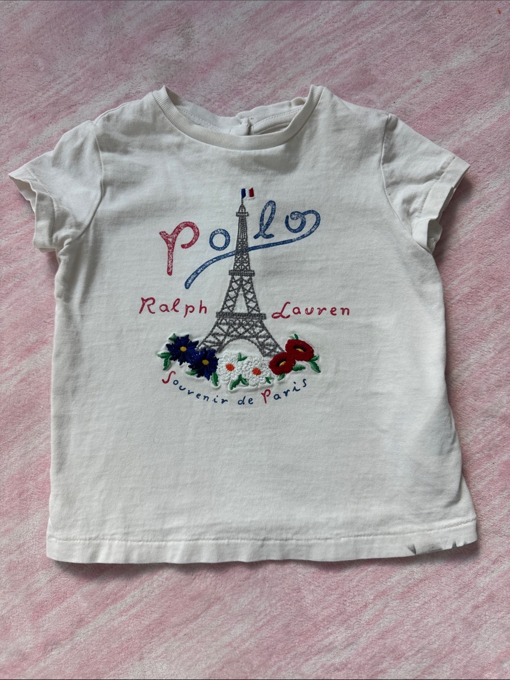 Ralph Lauren White Short-Sleeve Polo Eiffel Tower Tee with Floral Embroidery